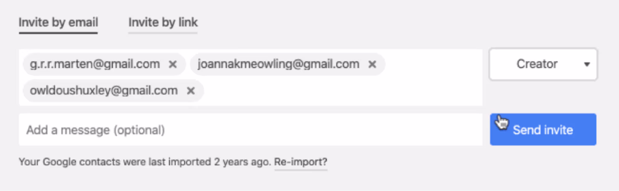 Screenshot showing Airtable’s ‘Share Marketing campaign tracking’ dialog. Various fields allow users to select who to share with and at what level, with a ‘Send invite’ button to the right. There is no information about the charge associated with this action.