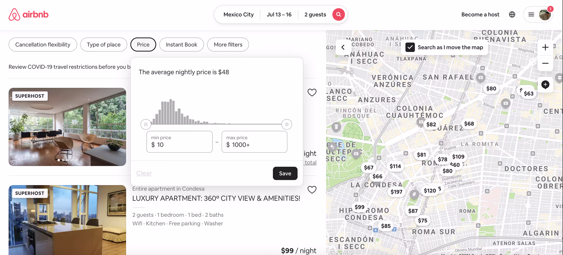 Screenshot of US airbnb.com, showing that a user has selected to travel to Mexico City between 13 and 16 July with two guests. A range of different prices are shown on the map.
