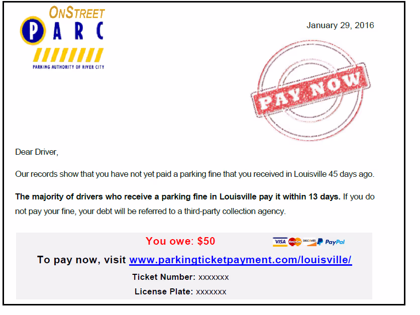 An example letter stating the reader owes a fifty-dollar fine. In the top right of the letter is a large red circular stamp bearing the words ‘PAY NOW’.
