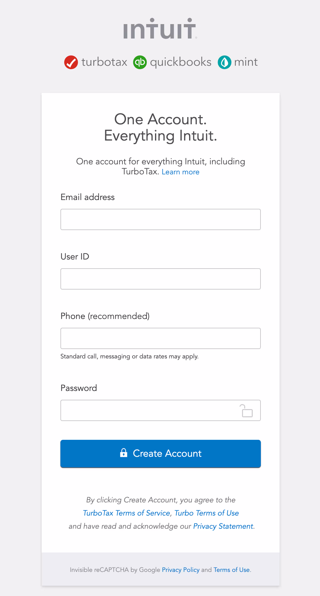Screenshot. At the bottom of the screen, below the ‘Create Account’ button, is some small, low-contrast that reads “By clicking Create account, You agree to the TurboTax Terms of Service...”