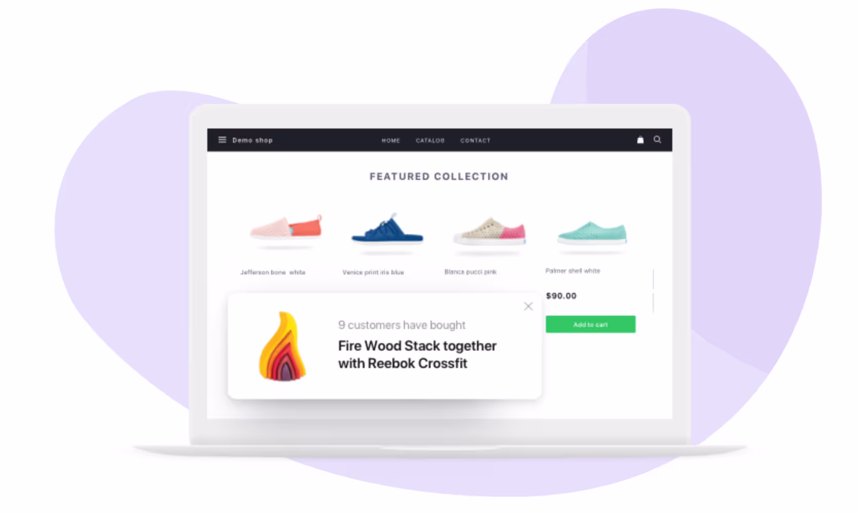 Promotional representation of Beeketing’s Sale Pop app. A stylised laptop computer screen shows a generic online footwear store with a pop-up message stating ‘9 customers have bought Fire Wood Stack together with Reebok Crossfit’.