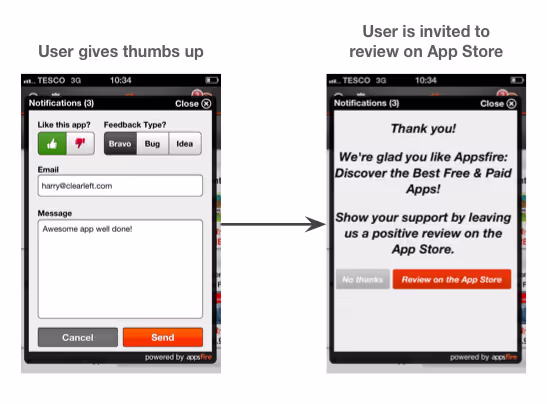 On the ‘thumbs up’ route, the user is invited to review the app.