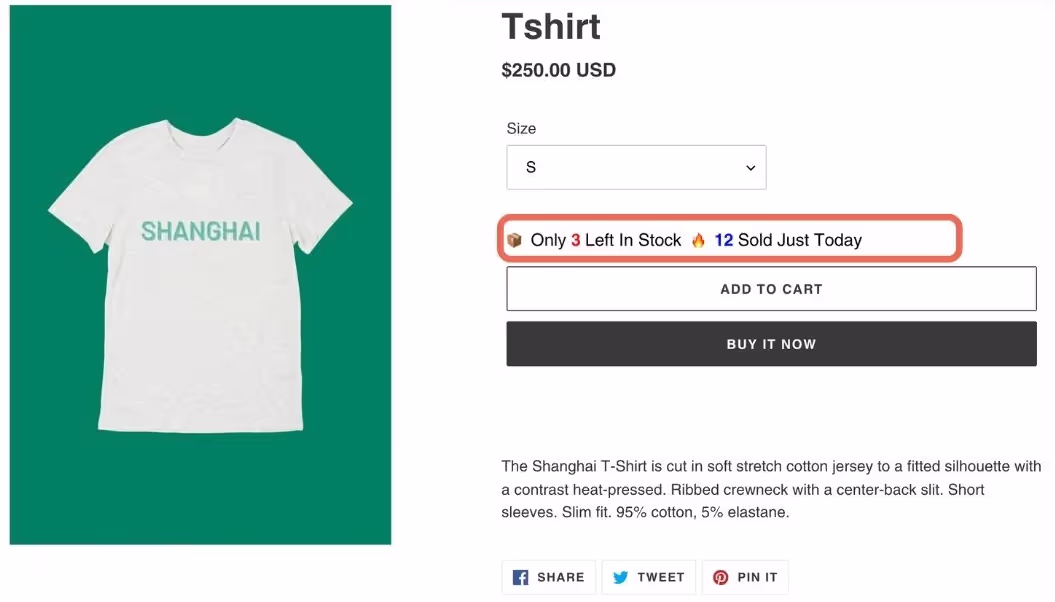 Screenshot of a low stock message generated by the Hey!Scarcity Low Stock Counter app. A T-shirt is shown on the left, and on the right are the product details including the alert ‘Only 3 Left In Stock. 12 Sold Just Today’.