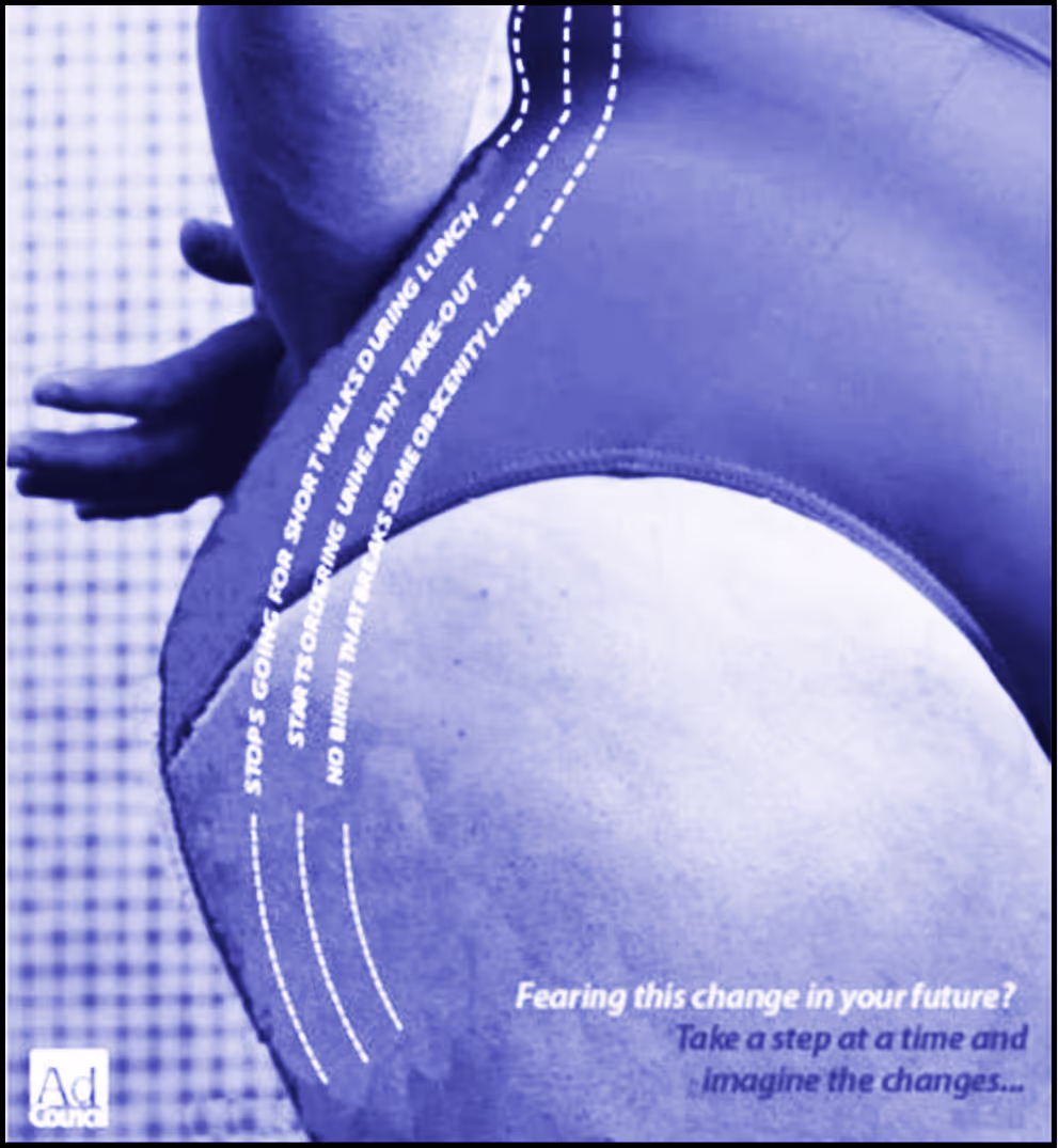 Advertisement featuring an image of a woman’s right hip and upper thigh in a swimming costume or leotard. Over the image is some text: ‘Stops going for short walks during lunch’; ‘Starts ordering unhealthy take-out’; ‘No bikini that breaks some obscenity laws’. The slogan reads ‘Fearing this change in your future?’